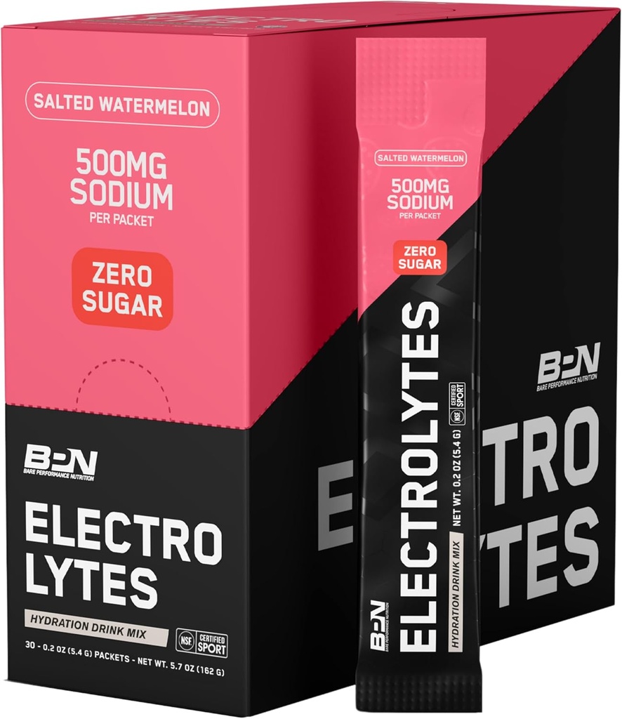 BARE PERFORMANCE NUTRITION BPN Electrolytes Go Packs Hydration Drink Mix ¦ Sugar Free Electrolyte Powder TEN 500mg Sodium per Serving ← Naturalmente Sweetened ← Salted Watermelon, 30 Servings