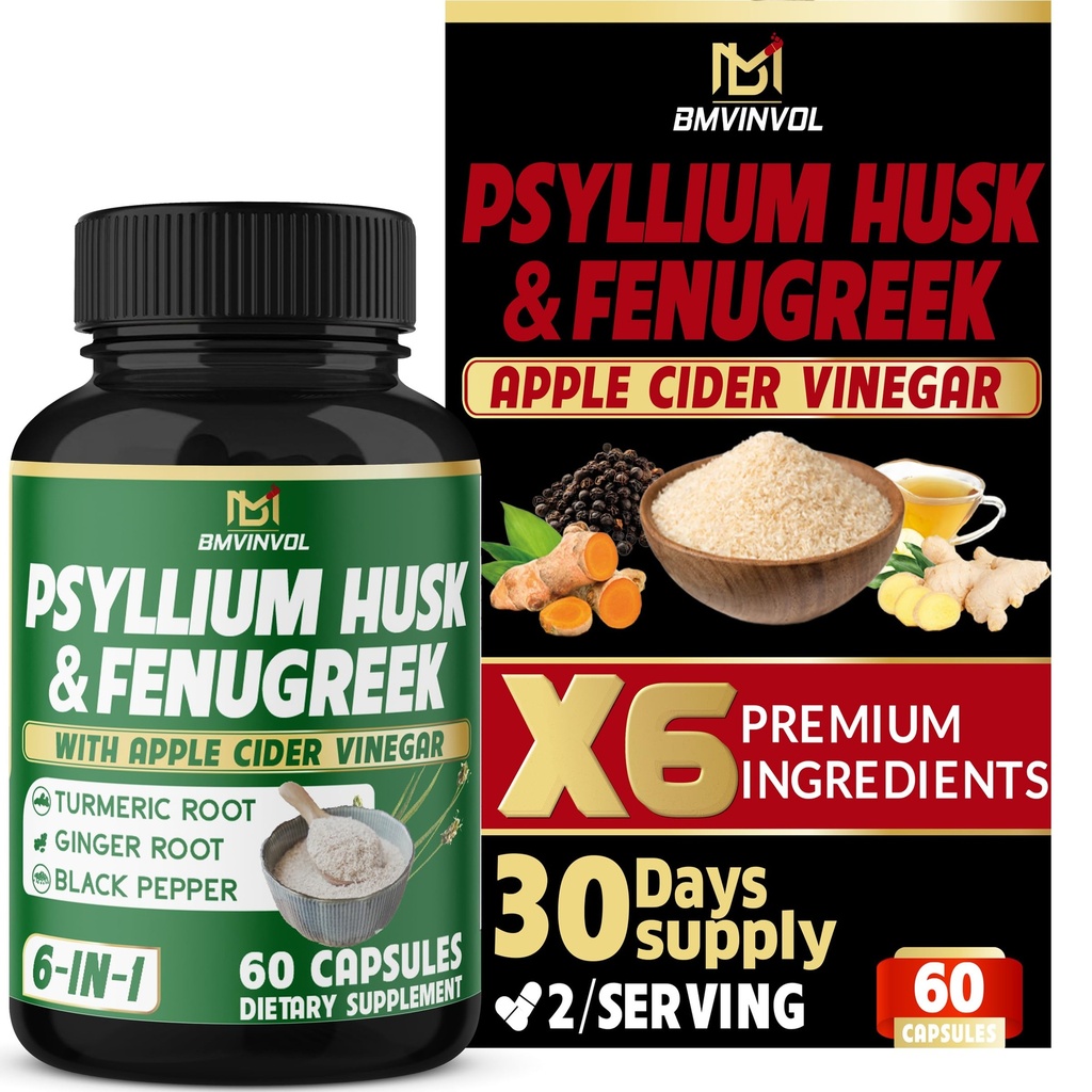 BMVINVOL 6in1 Psyllium Husk, Fenugreek, Apple Cider Vinegar, Turmeric, Ginger, Black Pepper - Soluble Fiber for Supports Digestive Health & Regularity (60 Capsules)