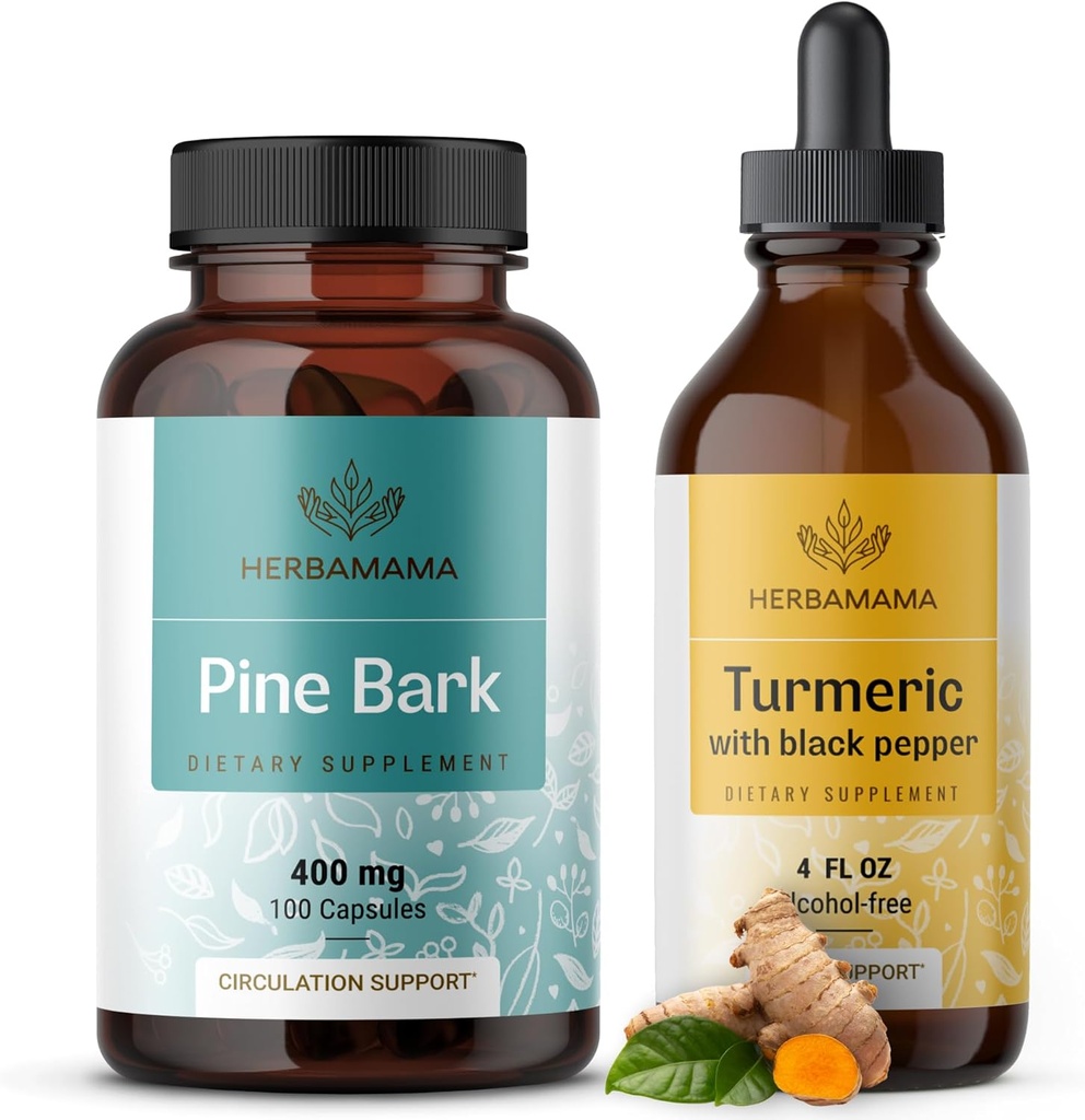 HERBAMAMA Extracto Turmérico y Pine Bark Kit - Agrupo de 400 mg Cápsulas marítimas francesas " Extracto Turmérico Tintura 2 fl oz - Vegan, No GMO, Azúcar " Libre de alcohol - 2 Pack