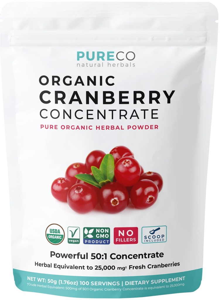 USDA Organic Cranberry Concentrate (50:1) Powder - 500mg es Equivalente a 25,000mg de Cranberries Frescas - para la limpieza del riñón &amp; UTI Ayuda Vitaminas - Mujeres - Suplemento - 100 Servings - No Pills