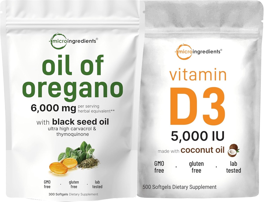 Micro Ingredientes Petróleo de Oregano Softgels 6.000mg Por Servir & Vitamina D3 5,000 IU Bundle Pack  4X Strength Carvacrol & Thymoquinon
