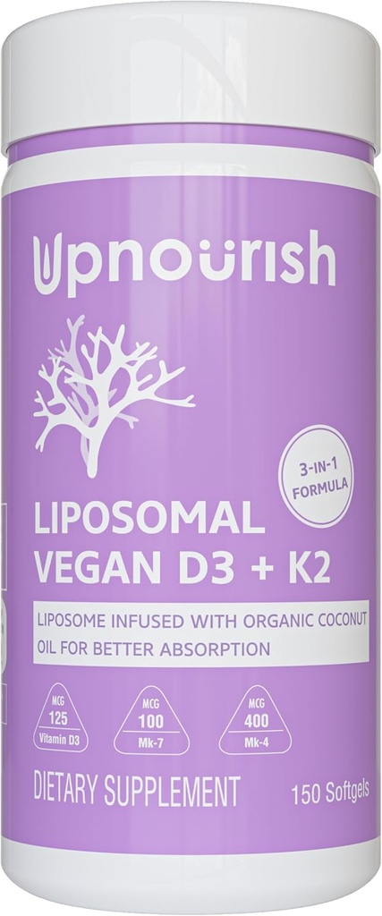 UpNourish Certified Vegan Vitamin D3 5000 IU K2 MK4 MK7 500 mcg Suplemento, 150 Softgels, Planta base Liposomal Vitamina D K con aceite de coco orgánico, No GMO, Gluten y Gelatina Gratis