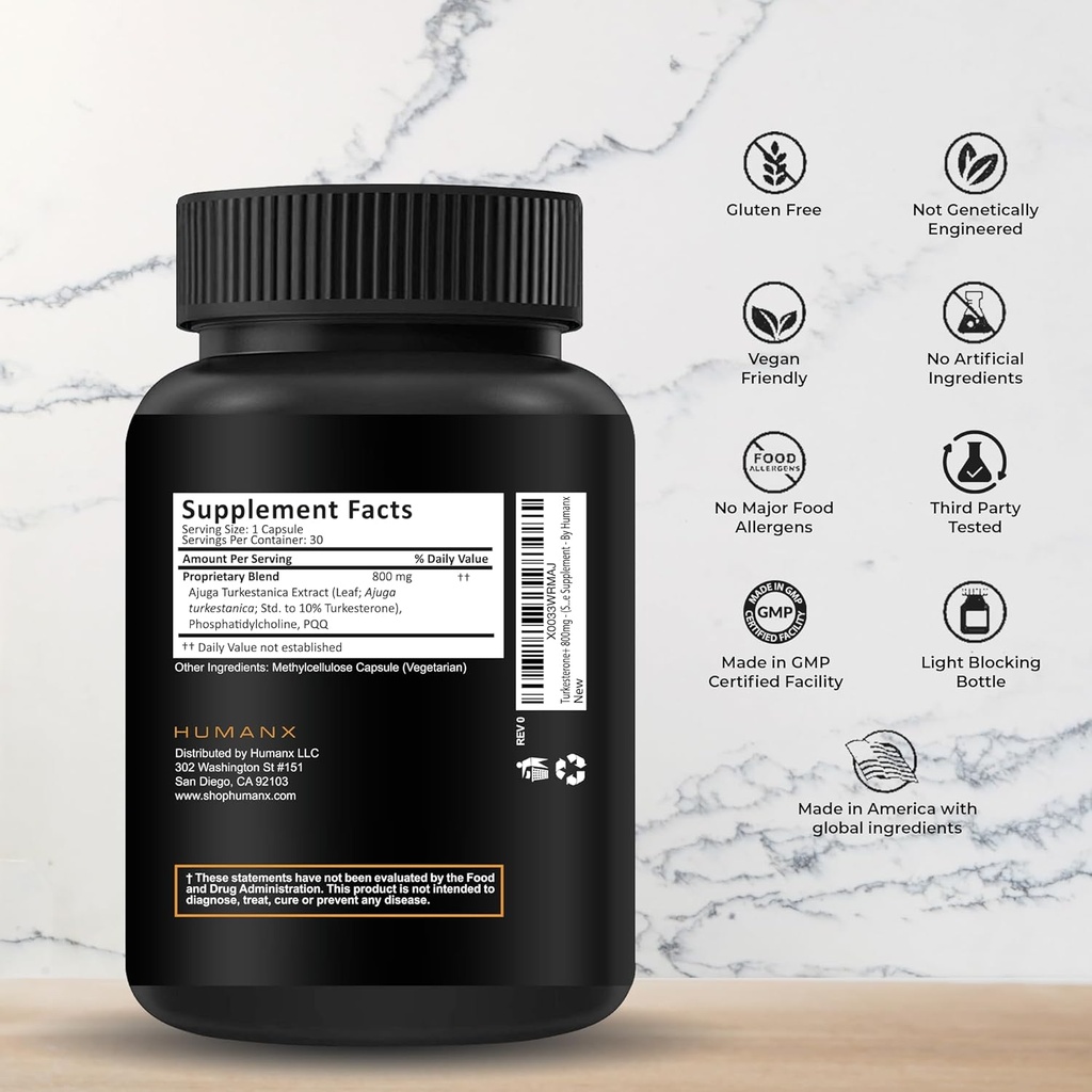 HUMANX Turkesterone+ 800mg - Estados Unidos Tercera Parte testado (Similar a la ecdysterona) para el desarrollo muscular & dinámico rendimiento deportivo - Anabólico natural - no GMO, Vegan - Suplemento turcoesterone