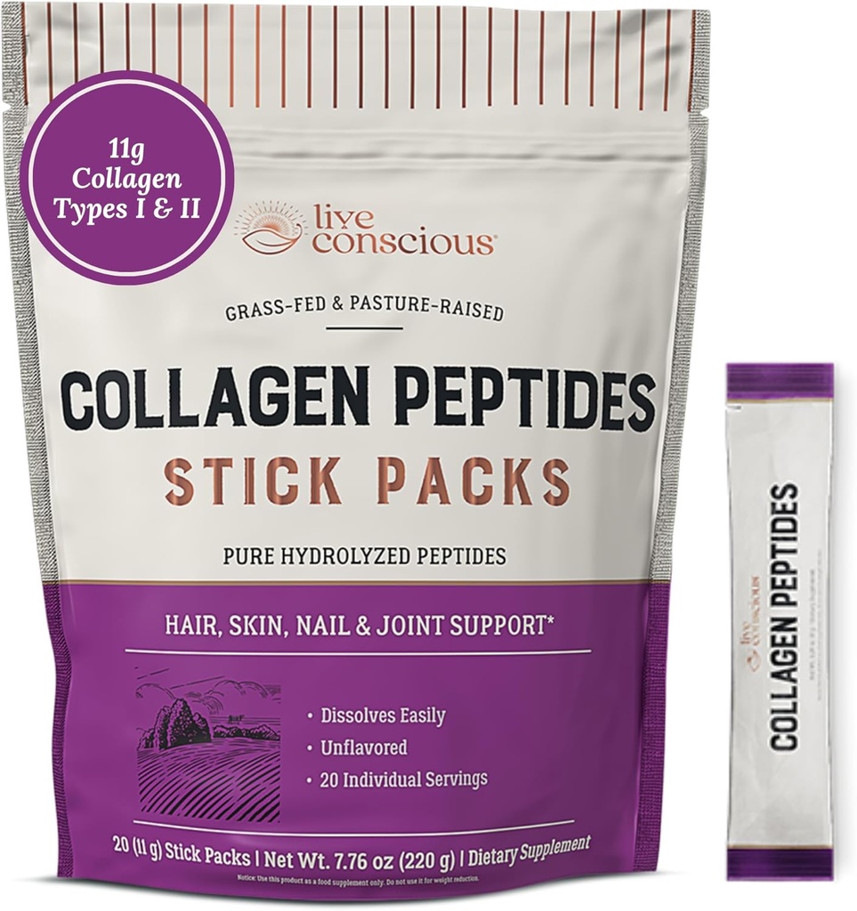 Peptides de colágeno en vivo para polvo Packets desfavorados - Pólvora de colágeno hidrolizado - Cabello, piel, uñas, & soporte conjunto - Tipo I & III Suplementos de colágeno de grado para mujeres y hombres - Paquete de 20
