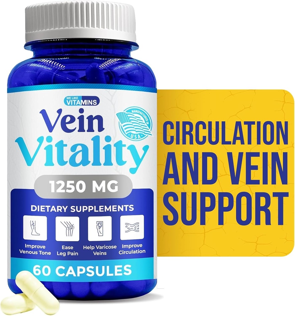 Nos gusta Vitaminas Vitalidad Veinte 1250mg Complejo Diosmin Hesperidin para Tratamiento de Veinas Varicosa, Castaña de Caballo, Carnicerías Broom, Bioflavonoides - Apoya la Circulación de la Sangre para Veins- 60 cápsulas