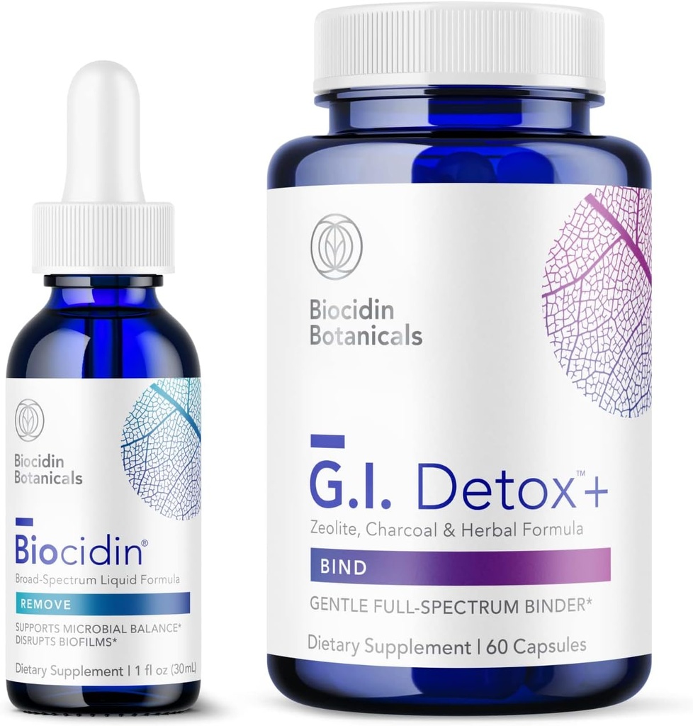 Bio-Botánico Research Biocidin Liquid Formula (1 oz) con GI Detox+ Gentle Binder - Conjunto de desintoxicación de dos productos para apoyar la limpieza de la digestión - Asistencias en la eliminación de toxinas " Biofilm