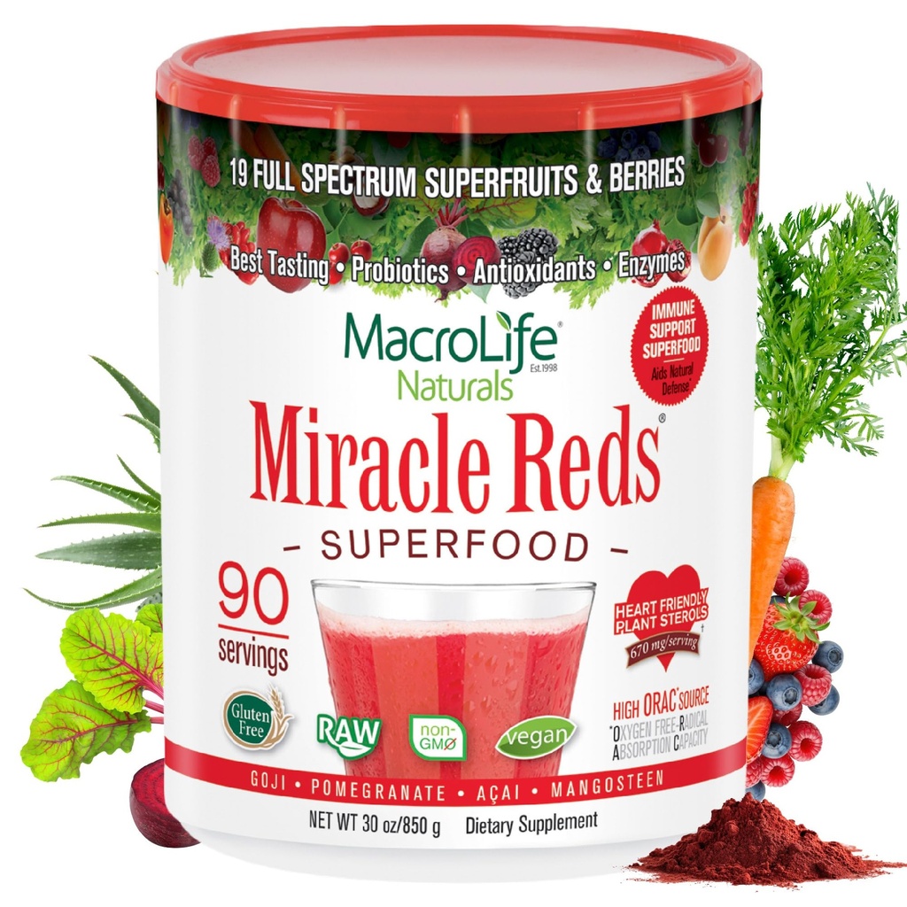 MacroLife Naturales Milagro Rojos Superalimentos Suplemento Polvo Antioxidantes Polifenoles Enzymes Probióticos - Raw No-GMO Organic Vegan Gluten &amp; Dairy Gratis - 30oz (90 Servings) 30oz