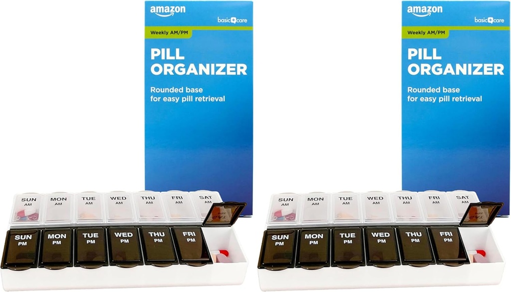 Cuidado básico (7 días) AM/PM Organizador de píldoras, caja de vitaminas y caja de medicina, grandes compartimientos, 2 veces al día, tapas negras y claras (Pack of 2)