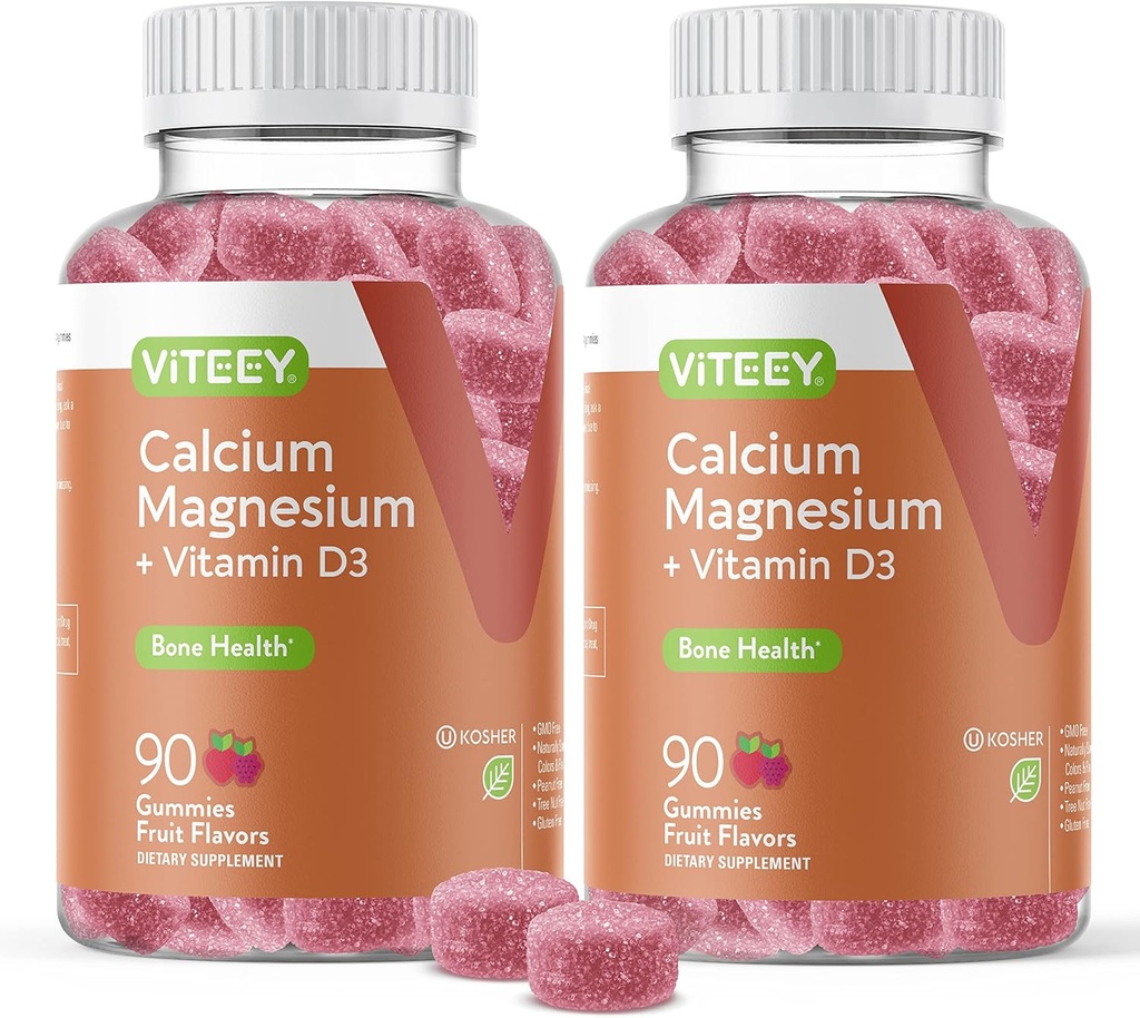 VITEEY Calcio Gummies con vitamina D3 y suplemento de magnesio para la salud ósea - Suplementos de calcio Chewable para hombres de mujeres - Gluten-Free, Non-GMO - 180 Con