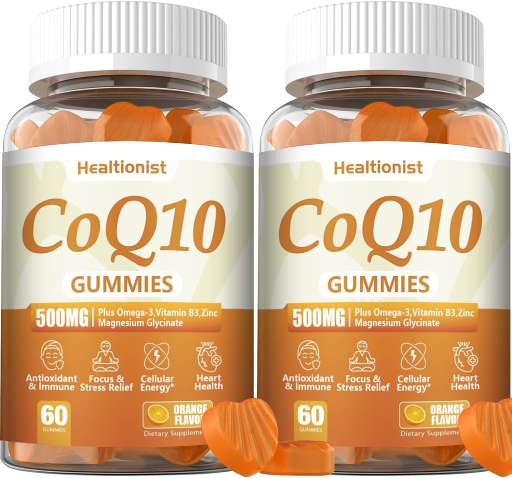 2 Pack 500MG Coq10 Gummies - 3X Mejor Absorción, Plus Omega-3, Magnesio, Vitamina B3 & Zinc - Coenzyme Q10 Suplementos para la Salud del Corazón, Energía Celular & Antioxidante, Vegan, 120 Condes