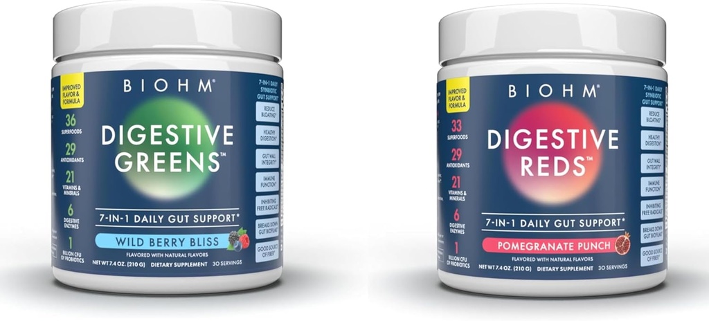 BIOHM Esencial Bundle, Rojos Digestivos y Verdes, Polvo Superalimentario, Antioxidantes, Vitaminas, Probióticos, Salud Digestiva para Hombres y Mujeres, Suplemento de Digestión con Enzimas, 30 Serviciones Cada