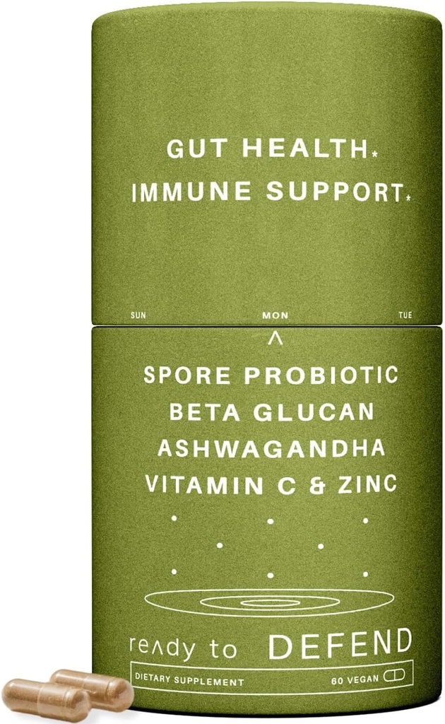 Defender Immune & Gut Support – Spore Probiotic DE111®, Beta Glucan, Ashwagandha – Apoya la inmunidad, Gut Health, Stress & Bloating Relief Supplement – 60 cápsulas