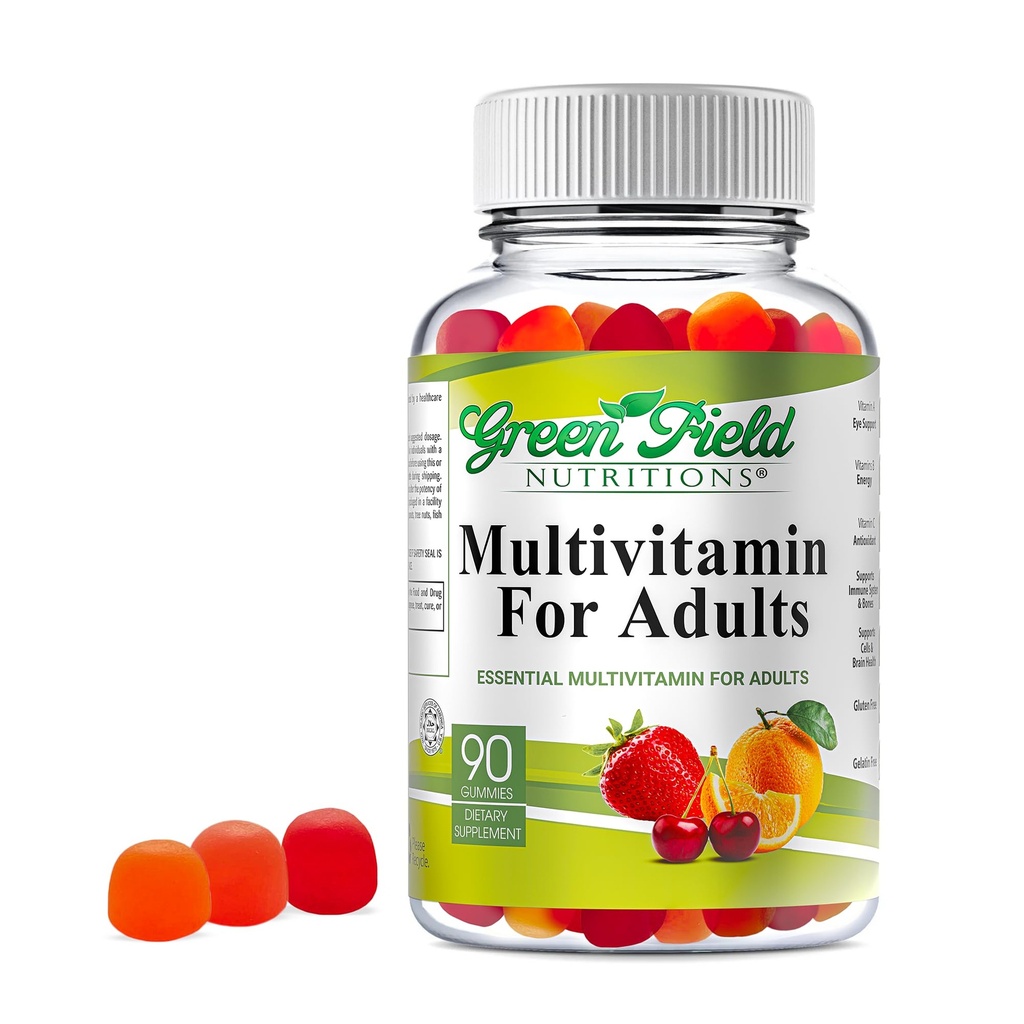 Greenfield Nutritions Halal Multivitamins for Adults TEN 90 Halal Vitamins for Women &amp; Men TEN TO All Essential Gelatin Free Halal Gummy Vitamina, Mineral, Folic Acid, Biotin, Gluten Free, Non-GMO, Vegetarian