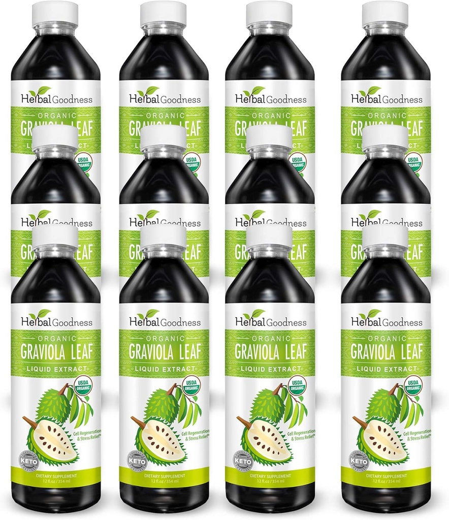 Herbal Goodness Graviola Leaf Extract 15X Strength - Soursop (Guanabana) Leaves Liquid USDA Organic Non-GMO Kosher Cell Support & Regeneración & Stress Relief Immune Boost 12(12oz) btls