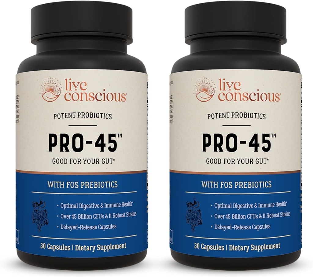 Live Conscious PRO45: Fórmula Probiótica, 45 millones de UF, 11 cepas integrales. Dairy Free. Delayed Release Veggie caps. Promueve la Salud Inmune y Digestiva. 60 cápsulas (2-Pack)