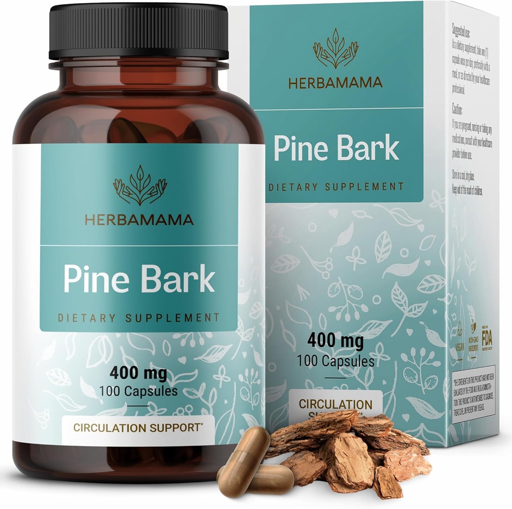HERBAMAMA Pine Bark Extract Capsules - 400mg Francés Marítimo Pine Bark Extract Powder for Antioxidant Support - Vegan, Non-GMO Pinus Pinaster Suplemento