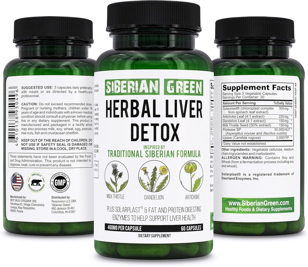 Herbal Liver Detox con Leche Esteto Artichoke Dandelion 60 cápsulas – Fórmula Siberiana Tradicional Plus Enzymes para apoyar la salud del hígado