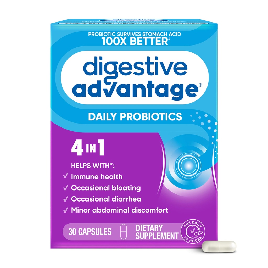 Daily Probiotic Capsule - Digestive Advantage 30 Capsules, Survives 100x Better, Lessens Bloating, Calcium, Promotes Digestive Health and Gut Flora, multi