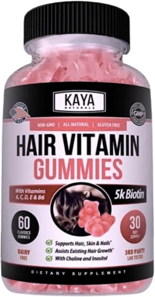Kaya Naturals Crecimiento del cabello Gummies - Biotina 5000mcg Vitaminas para el cabello sano, la piel y las uñas - Suplemento de belleza para mujeres o hombres - 60 Cuenta - Blueberry Flavor