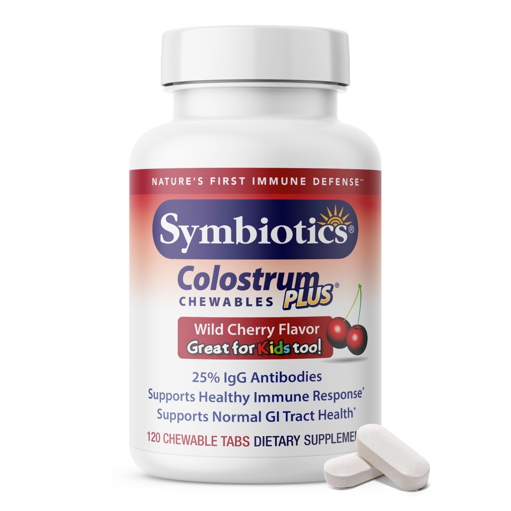 Symbiotics Colostrum 120ct Chewables Plus - Immunity Support for Adult &amp; Kids - Lactoferrin Supplement " Colostrum Protein - Supports Digestion " Gut - 25% lgG Anticuerpos, Gluten Free - Wild Cherry