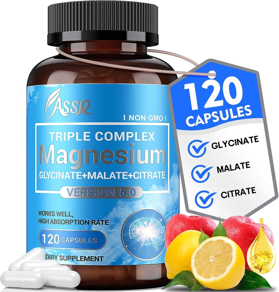 ASSR Complejo de Magnesio Triple – Suplemento de magnesio de 300 mg con Glycinate, Malate " Citrato – Soporta Relajación, Función Músculo y Nerve – Alta Absorción, Vegan, No GMO, 120 cápsulas