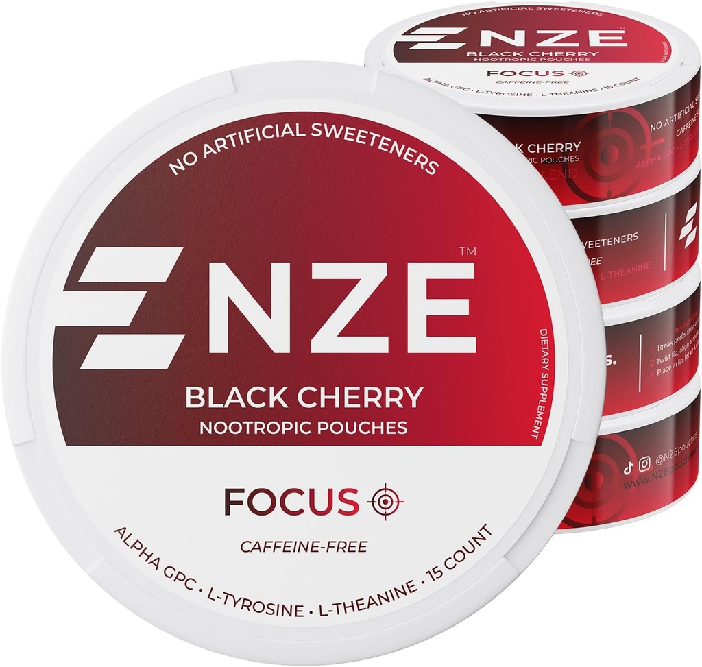 NZE Caffeine Free Nootropic Pouches (Black Cherry) - Nootropic Pouches with Alpha GPC, L-Tyrosine & L-Theanine - No Sugar or Artificial Sweeteners - 15 Pouches Por Can - 5 Pack