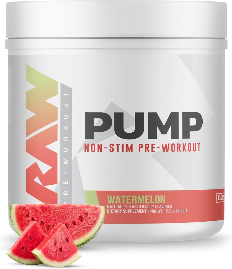 RAW Pump Stim Free Pre Workout (Watermelon) - Booster de óxido nítrico no estimulante - Pre Workout Suplementos Beber durante el entrenamiento - 40 Servimientos