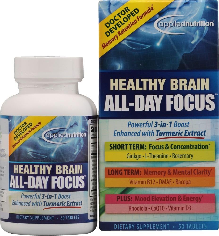 Nutrición Applied Healthy Brain All-Day Focus - 50 Tabletas - Powerful 3-in-1 Brain Booster with Turmeric Extract - 25 Servings