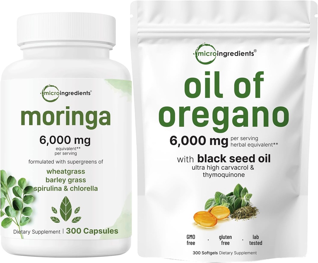 Micro Ingredientes Óleo de Oregano Softgels 300 Conde " Moringa Oleifera 6.000mg Equivalente 300 cápsulas Bundle 2 Pack ¦ Carvacrol " Thymoquinone ← Suplemento Antioxidante