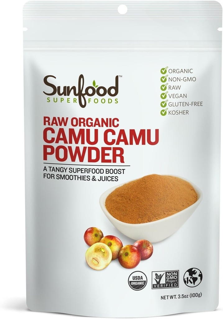 Sunfood Superfoods Raw Organic Camu Camu Powder Camu Camu Powder Organic, Camu Camu Carry Vitamin C Powder para Jugo y Smoothies, USDA Organic, Non GMO - 3.5 oz Bag