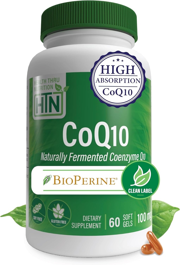 Salud Thru Nutrition CoQ-10 100mg con BioPerine 60 Softgels  sometida High Absorption Naturalmente Fermentado USP Grade Coenzyme Q10 Suplemento ← 3rd Party Tested ¦ Heart Health and Energy Support