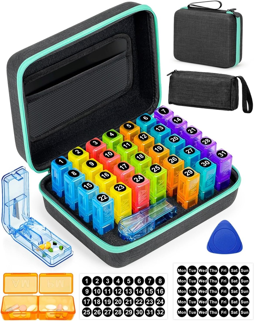 [BRSROCACC56GG236] Organizador mensual de píldoras 2 veces al día, con cascabel portátil, caja de 31 días, toma de plástico, pegatinas mensuales y semanales, manejo de medicamentos convenientes (2 veces al día)