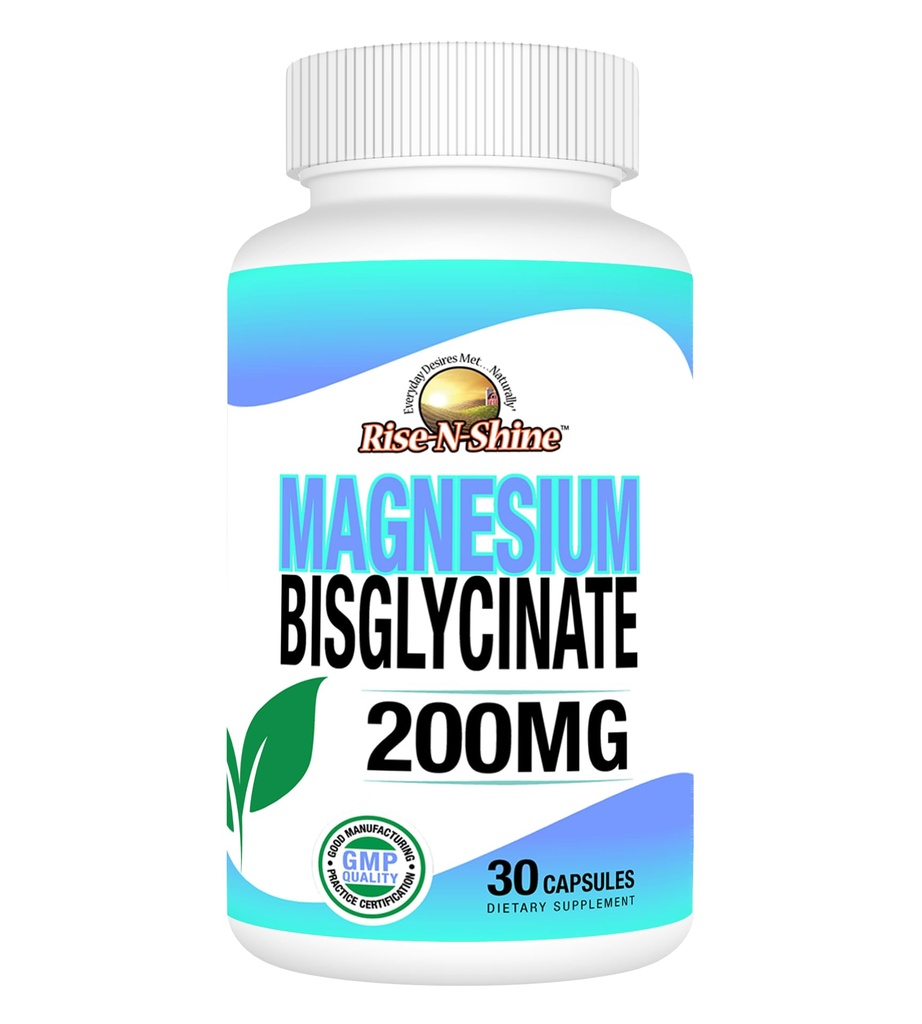 Rise-N-Shine - Magnesium Bisglycinate 200 mg - Joint &amp; Muscle Support - Suplemento de Apoyo Energía, Digestión y Huesos - Magnesio de Apoyo al sueño y descanso (30 cápsulas)