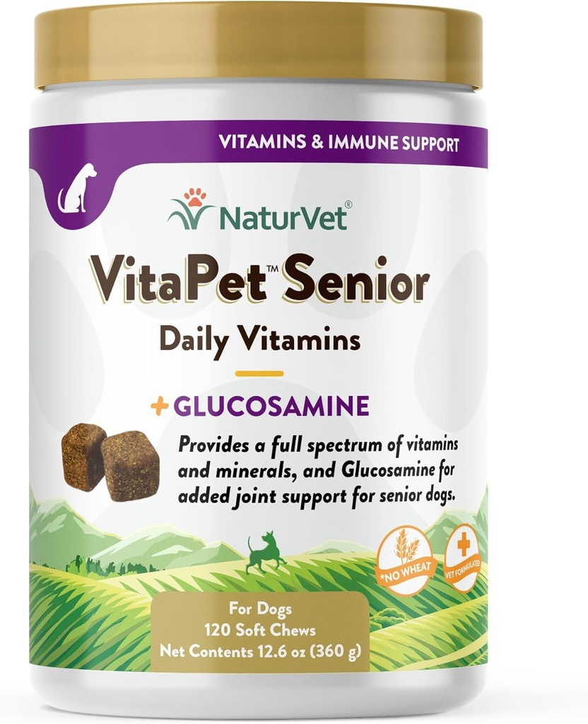 NaturVet Vita Pet Senior Daily Vitamin Dog Supplements Plus Glucosamine – Incluye vitaminas Full-Spectrum, minerales – Soporte Conjunto para perros más viejos, activos – 120 Ct. Mandíbulas suaves