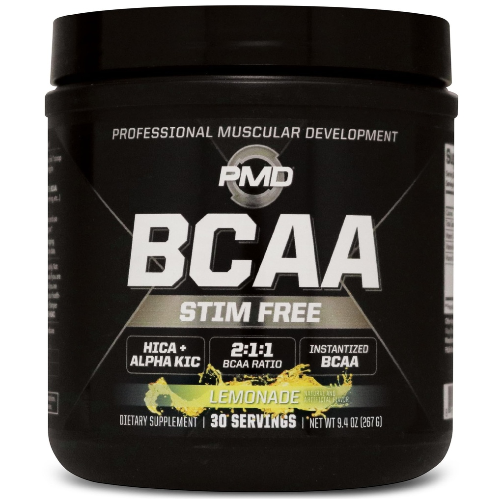 PMD Sports BCAA Aminoácidos libres de estímulo - Mejor rendimiento de entrenamiento, recuperación mejorada, energía diaria, constructor de músculos y sparing muscular - BCAA Powder Drink Mix - Lemonade (30 servidos)