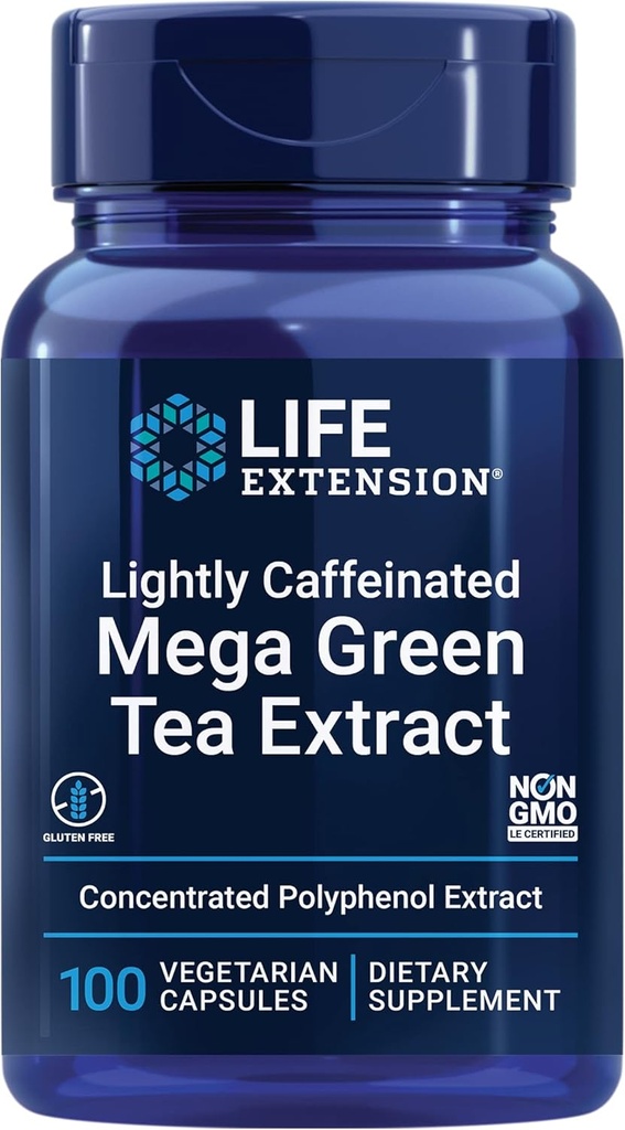 Ampliación de vida Extracto de té Mega Green ligeramente caffeinated, Camellia sinensis Extracto con contenido de polifenol concentrado de EGCG, libre de gluten, no Gluten, vegetariano, 100 cápsulas