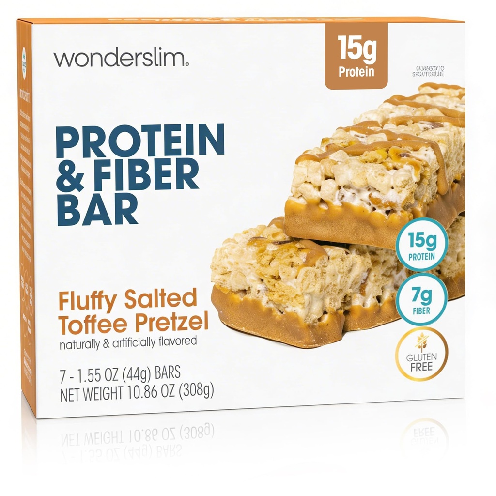 Wonderslim High Fiber Protein Bars, Salted Toffee Pretzel | 15g Protein, 7g Fiber | Low Sugar, Low Carb | Healthy Indulgence | Satisfying, Supports Energy & On-the-Go Convenience, 7 Pack