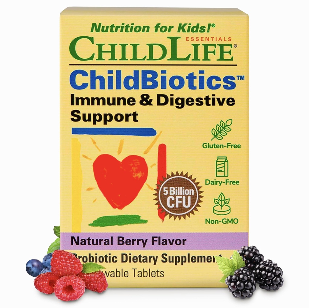 CHILDLIFE ESSENTIALS ChildBiotics Immune & Digestive Support - Kids Probiotic, Contains Live Probiotics, Good for Digestion & Immune Support, Allergen-Free, Non-GMO - Natural Berry Flavor, 30 Tablets