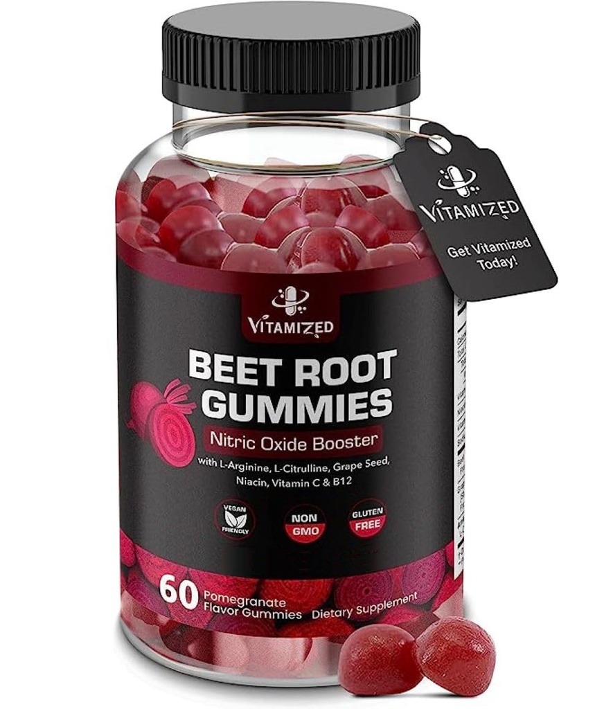 Beet Root Gummies - Super Nitric Oxide Beets Suplemento - Red Beetroot Heart Chews with Grape Seed Power & B12- Pomegranate Flavor, 60 Chewables Beets