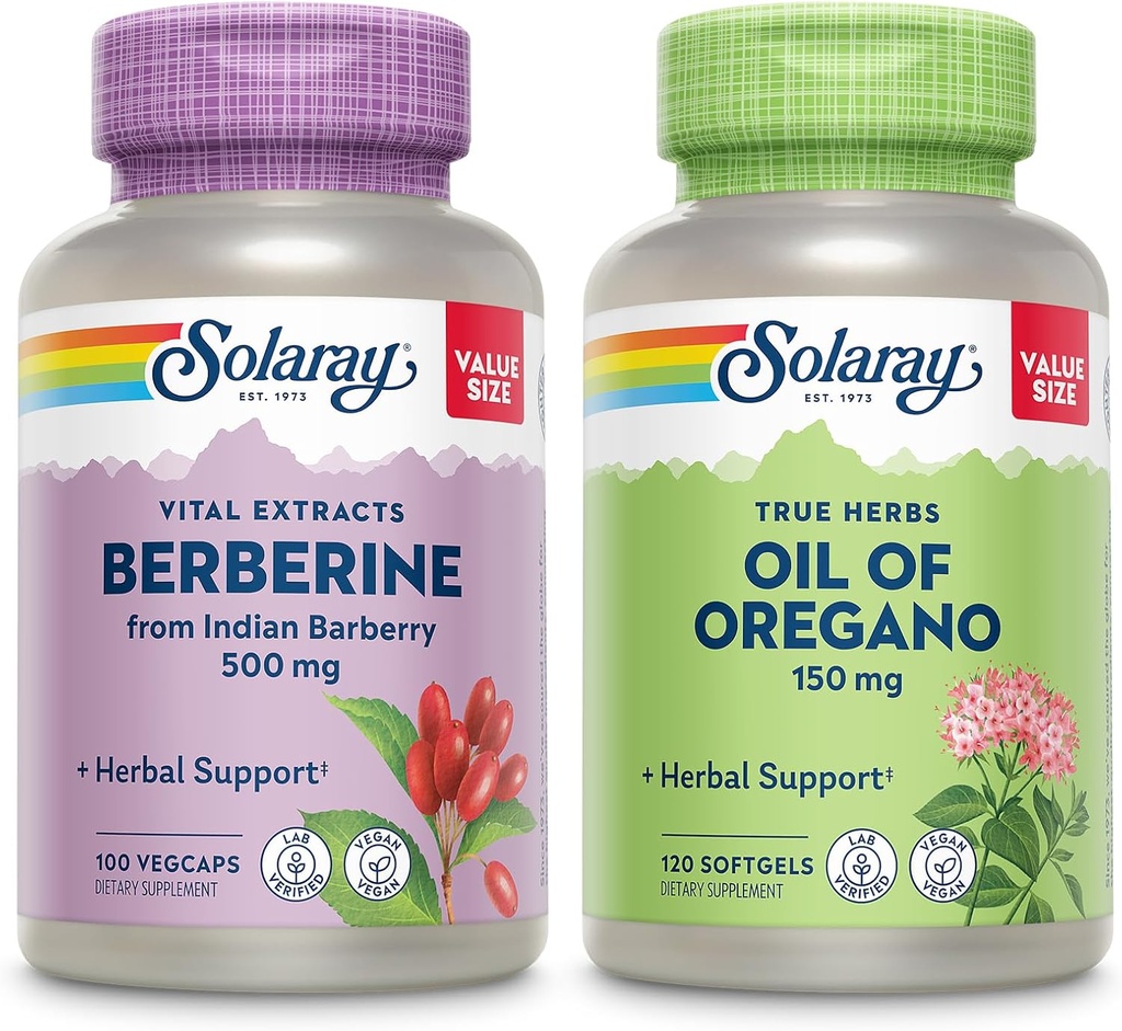 SOLARAY Berberina y aceite de orégano Bundle - Berberine HCl de Indian Barberry Plus Oregano Suplemento de aceite para Potente Wellness Soporte - 100 VegCaps/120 Softgels