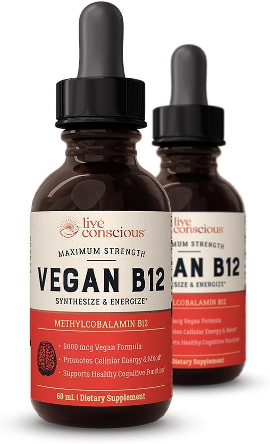 Conscious Vegan Vitamina B12 Sublingual Liquid Drops Metilcobalamin Max Strength B12 5000mcg Formula - Vegan B 12 Energía de apoyo a la vitamina, promover el sistema de memoria y ayuda (2 Pack)