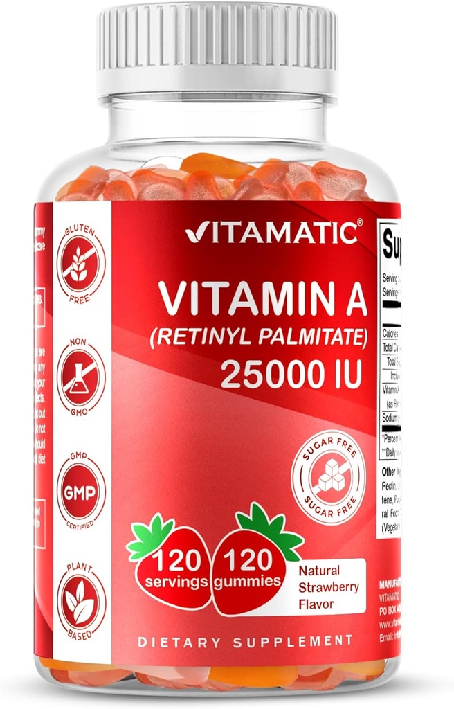 [BRSROCYRAQMBYH3U] Vitamatic Sugar Free Vitamina A 25000 UI Gummies (Retinyl Palmitate) - Natural Strawberry Flavor - 120 Pectin Based Gummies (2 Bottles)