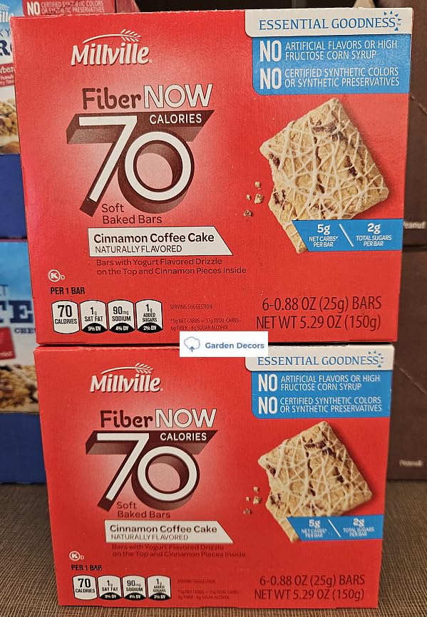 Fiber NOW Millville 70 Calories Soft Baked Bars Cinnamon Coffee Cake 5.29oz 150g (Two Boxes)
