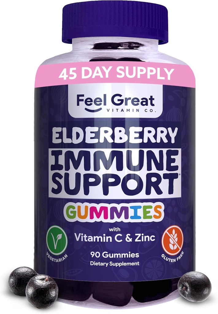 Feel Great Sambucus Elderberry Gummies with Zinc and Vitamin C for Adults ← Immune Support Booster ← Berry Flavored Vegan Supplement latitud 90 Day Supply