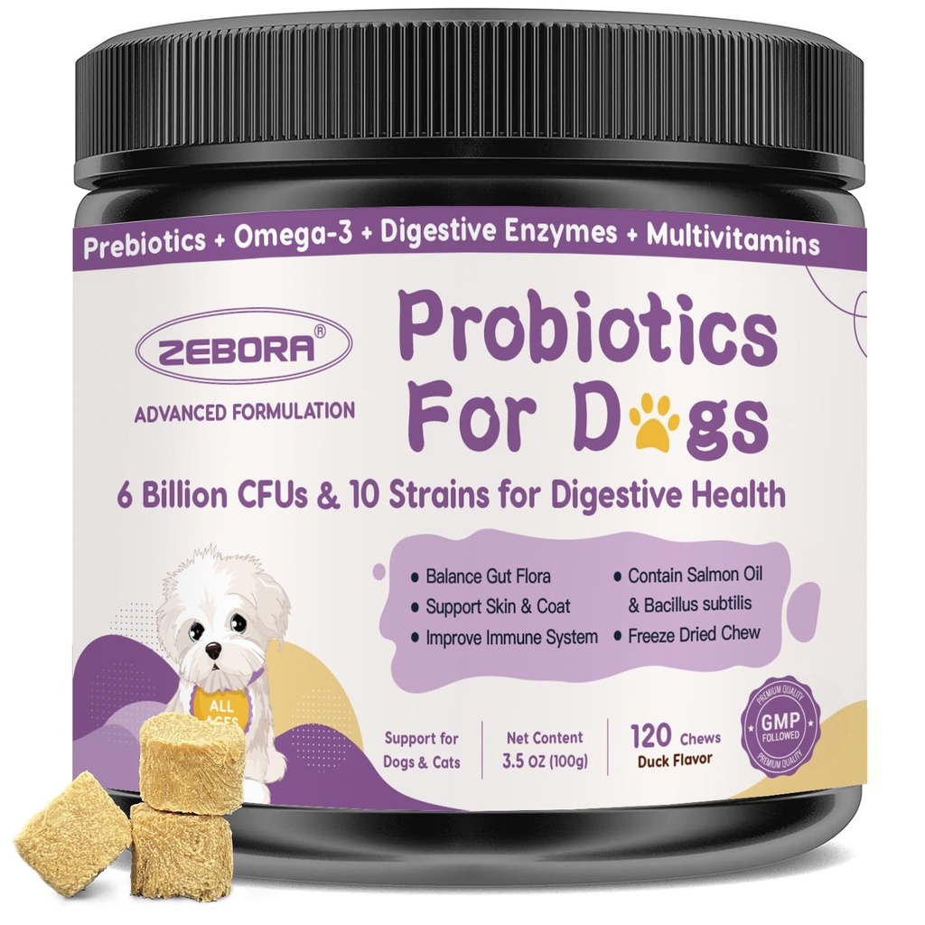 Probiotics for Dogs – 6 Billion CFUs & 10 Strains with Prebiotics, Omega-3, Digestive Enzymes & Multivitamins, Dog Probiotics for Digestive Health, Immune Support, Skin & Coat, 120 Duck Flavor Chews