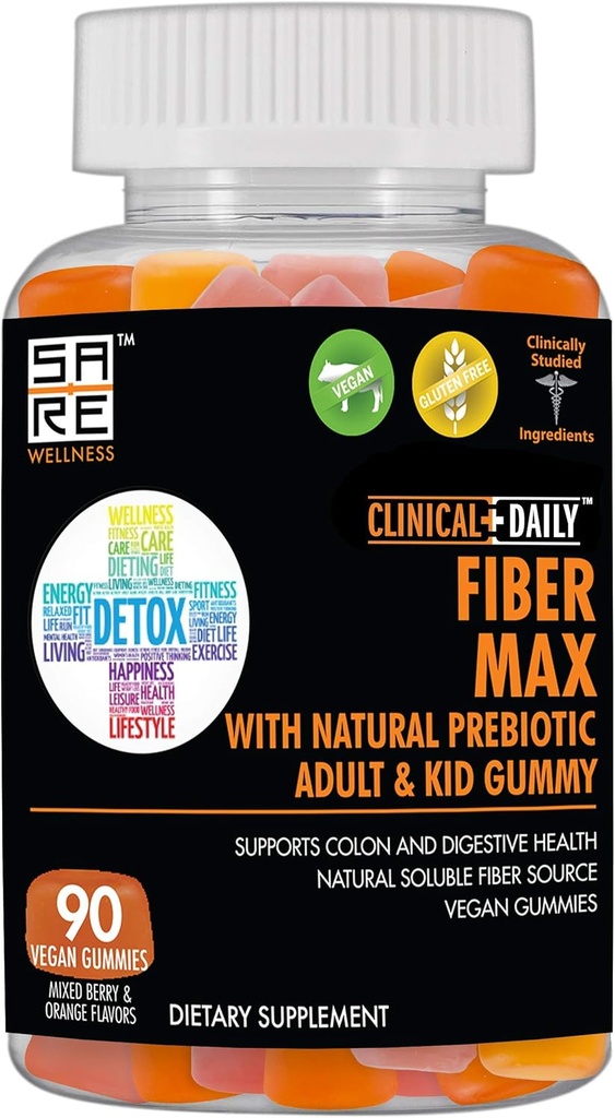 CLINICAL DAILY Fiber Max, Vegan High Fiber Gummies for Adults & Kids. Alivio del estreñimiento para adultos y niños. Prebiotic Inulin Fiber Supplement Gummies. 90 Gummies laxantes libres de gluten para la reparación de Gut