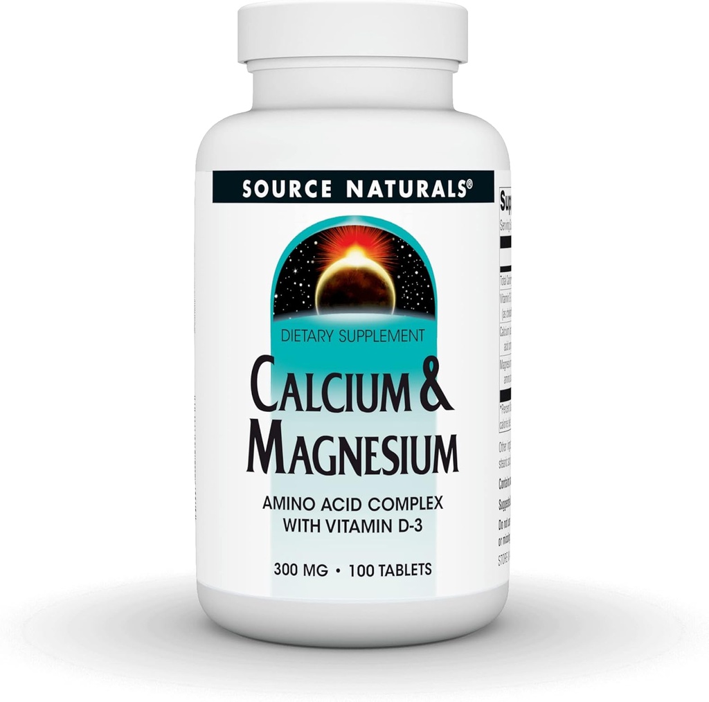 Fuente Naturales Calcio & Magnesio, Aminoácidos Chelate con vitamina D-3, 300 MG - 100 Tabletas