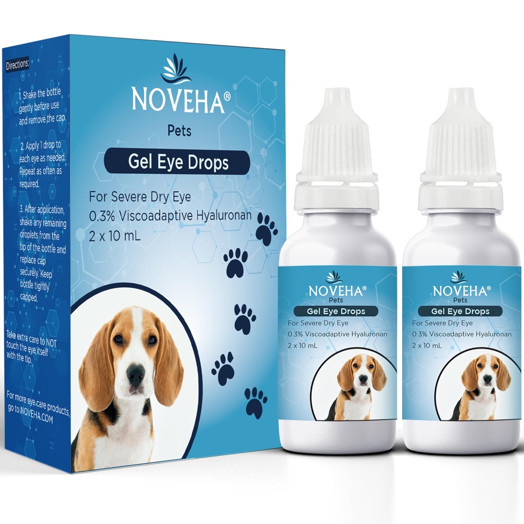 NOVEHA Pet Gel Eye Drops con 0.3% Viscoadaptive Hyaluronan ¦ Solución Ojo para los ojos secos severos - Hidratación duradera, reduce la molestia, hinchazón y sequedad - Lubricación Ocular para perros y gatos (2x10mL)