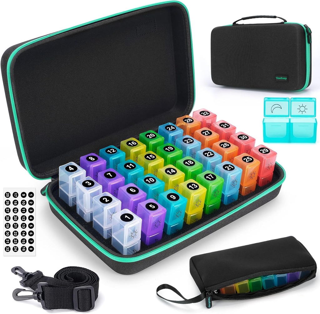 [BRSROZA6DEMG23LL] Organizador mensual de píldoras 2 veces al día, Month Pill Box Organizador con 32 Compartimientos diarios, 30 días de carga con caja dura de carga Vitaminas Case+Portable de 7 días de medicina de viaje Organiza bolsa