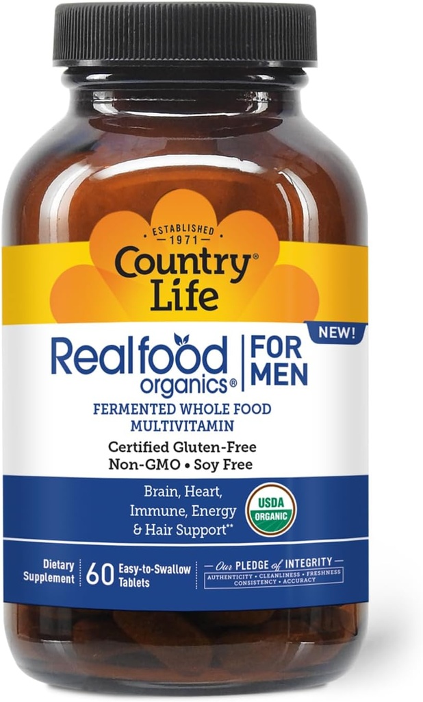 Country Life RealFood Organics for Men – 60 Tablets Ø 1.300mg Organic Fermented Whole Foods, 7-Mushroom Superfood & Aloe – Certified Gluten-Free, Vegan & USDA Organic Multivitamin